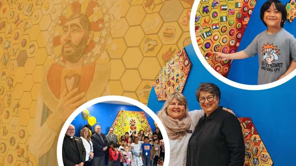 Students and staff presenting St Bernard Mural