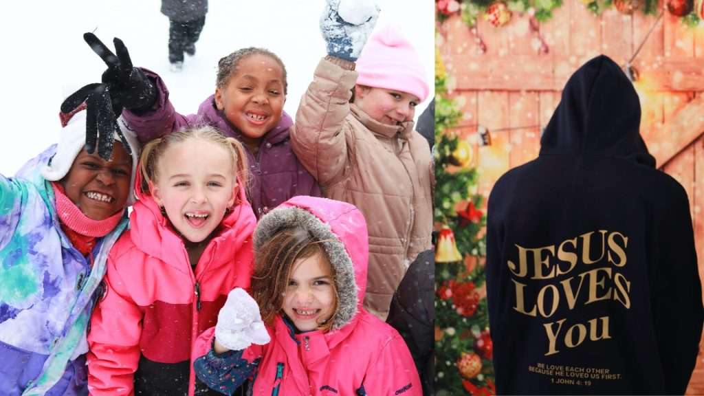 children playing outdoors and a youth wearing a hoodie saying Jesus Loves You