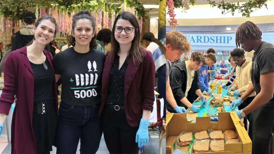 Students and teacher preparing food for the Feeding the 5000 project