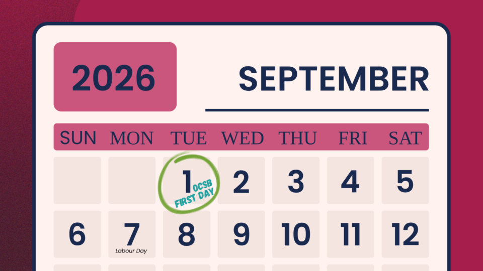 2026 Calendar in September showing the first day of schools at OCSB: Sept 1